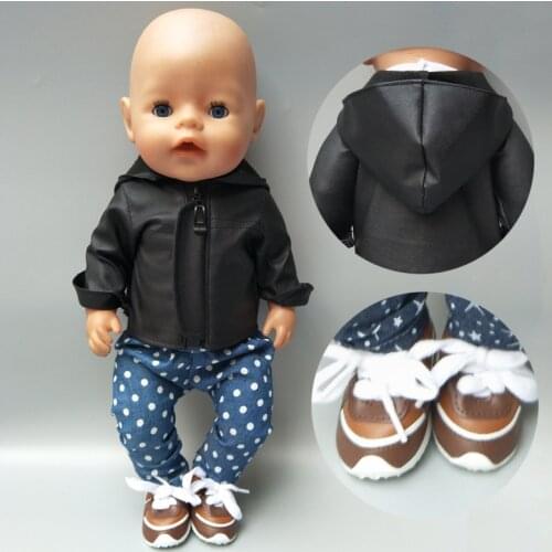 Doll Clothes Pants for 43cm Babies Doll Coat Pu Leather Set for 17 Inch 38cm Baby Doll Black Jacket Winter Outfit
