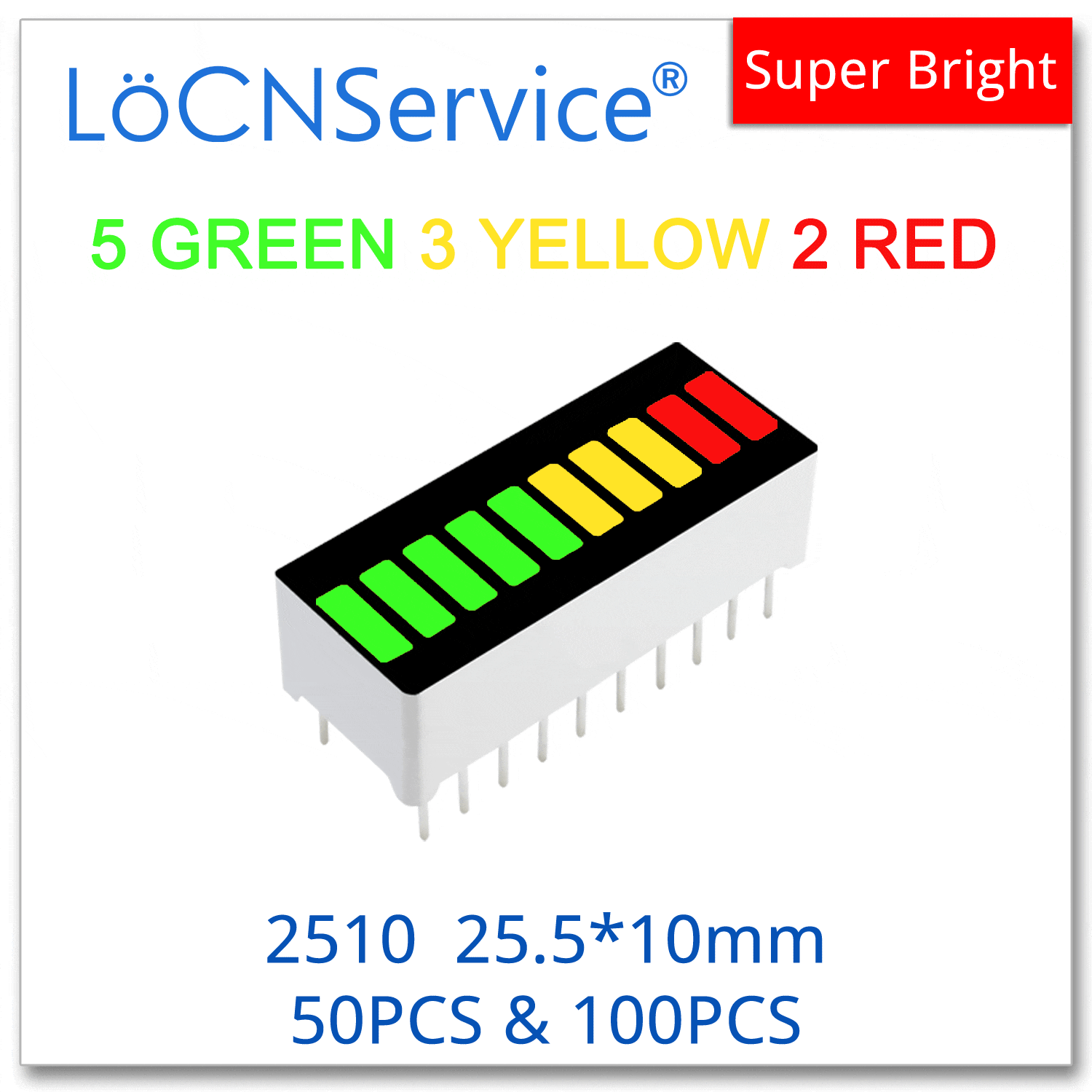 LoCNService LED Bar graph display Light 10-segment 2510 5 GREEN 3 YELLOW 2 RED 50pcs 100pcs Bargraph multi color 3 color module