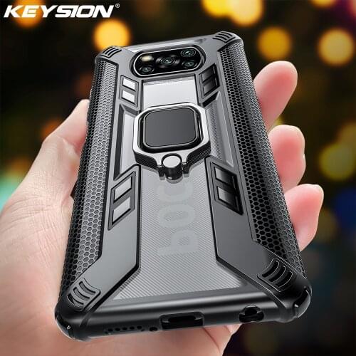 KEYSION Shockproof Armor Case for Xiaomi POCO X3 NFC M2 Pro Ring Stand Clear Phone Back Cover for Pocophone X3 NFC X2 F2 Pro