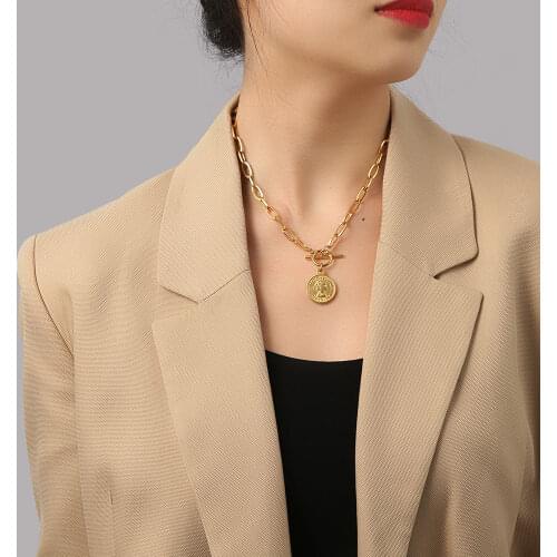 Vintage Coin Necklace For Women Stainless Steel Elizabeth Medallion Toggle Necklace Gold/Silver Color Metal Coin Collier