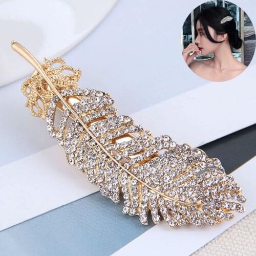 Fashion Crystal Hair Clip Snap Button Hair Pins for Women Sweet Feather Hairpin Hair Clips Jewelry Lady Barrette Stick