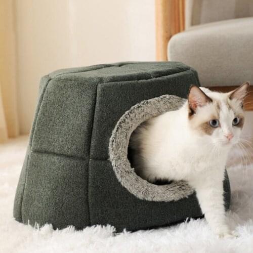 Enclosed Cat Cave Bed Foldable 2 In 1 Self-Warming Indoor Cozy Pet Tent House Comfy Sleeping Nest Cushion for Small Kitten Dog