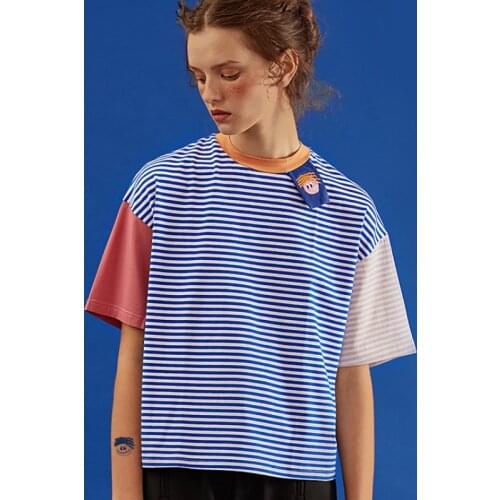 Women T Shirt Harajuku Playful Summer T-shirt Blue Short Sleeve Original Striped T Shirt Korea Style Girls Cotton Tee Tops