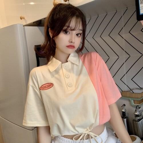 Zoki Cotton Casual Shirt Simple Letter Embroidery POLO Collar Buttons Lace Up Short Sleeve Female Hot Clothes Korean Summer2021