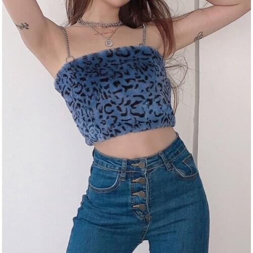 2021 Women Sexy Spaghetti Strap Metal Chain Crop Tube Top Furry Plush Leopard Printed Camisole Harajuku Slim Fit Mini Vest