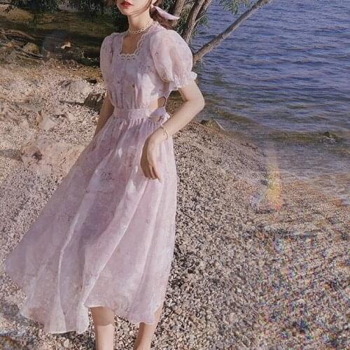 Elegant Floral Dress Women Korean Lace Up Chiffon Princess Kawaii Dress French Casual Fit Chic Summer Beach Party Fairy Dress