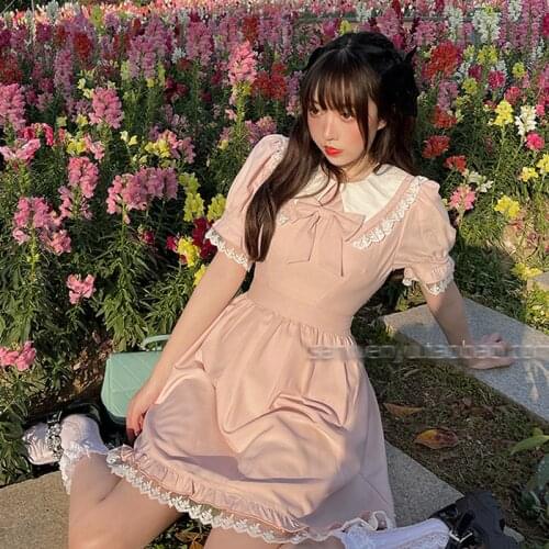 2021 Summer New Pink Lolita Gothic Dress Japanese Girl Cute Doll Collar Puff Sleeve Gentle Dress Sweet Lace Princess Dress Robe
