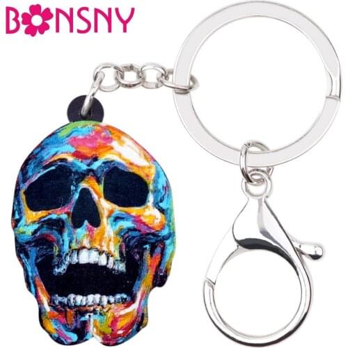 Bonsny Acrylic Halloween Floral Punk Skull Skeleton Key Chains Keychain Rings Jewelry For Women Girls Handbag Car Charms Pendant