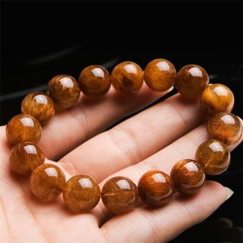 Genuine 14mm Natural Copper Rutilated Quartz Crystal Stretch Round Bead Bracelet For Women Men
