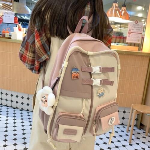 Brand Luxury Buckle Waterproof Ladies Backpack Female Multi Pocket Color Matching Schoolbag Teenage Girls Cute Backpack Travel