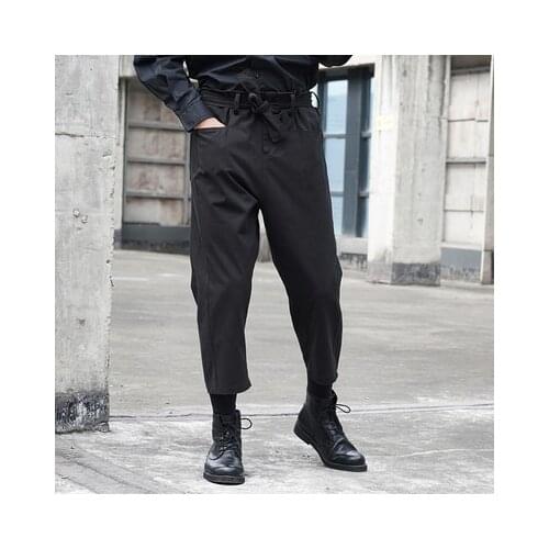 Yamamoto Yoshi dark style belt decoration design sense of loose nine-cent trousers casual broad legs straight leg pants trend