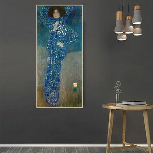 Citon Gustav Klimt《lady in blue》Canvas Art Oil Painting Famous Art Poster Picture Wall Decor Home Interior Decoration