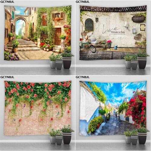 Flower Plant Landscape Tapestry Ltaly Architecture European Style Decoration Hippie Tapestries Wall Hanging Room Bedroom Blanket