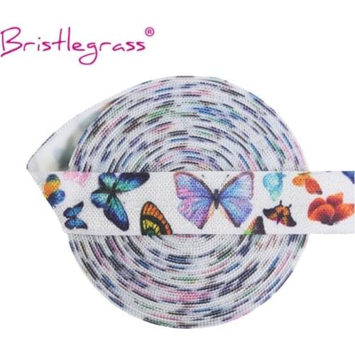 BRISTLEGRASS 5 Yard 5/8" 15mm Butterfly Print Fold Over Elastics FOE Spandex Satin Band Headband Tutu Dress Lace Trim DIY Sewing