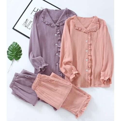 Cotton Women Pajamas suit Long-sleeved Lady homewear set Female Lounger wear Loose soft