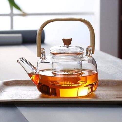 High Borosilicate Glass Teapot Heat-Resistant Boiling Tea Pot with Bamboo Handle Transparent Household Kettle Tea Set Teaware