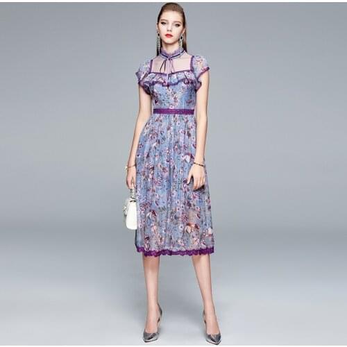 JSXDHK 2021 New Summer Ladies Dress Runway Women Chiffon Flower Printed Patchwork Mesh Ruffles Bow Stand Collar Party Midi Dress