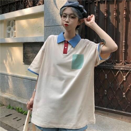 Summer college style POLO collar color-blocking fake two-piece half-sleeved mid-length loose cotton t-shirt for women