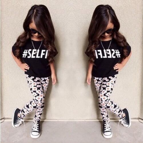 Fashion Lovely Cute Summer 2PCS Toddler Baby Girls Short Sleeve O-Neck Pullover Letter Back Lace Black Tops Floral Print Pants