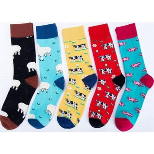 Men Socks Colorful Large Size Fashion Happy Farm Animal Pattern Socks Colorful High Tube Casual Pure Cotton Breathable Sport