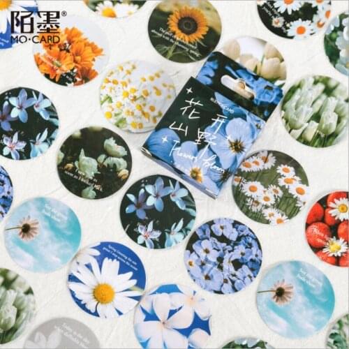 NEW 46pcs Boxed sticker Daisy and Sunflower Series Floral DIY Decor Scrapbook white/blue flower 45MM