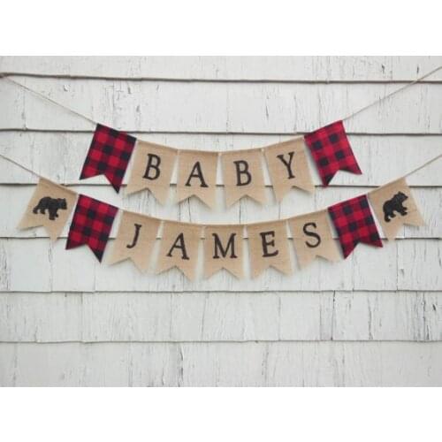 Personalized name Lumberjack first birthday burlap Banners baby shower nursery room sign party Buntings garlands Photo Prop