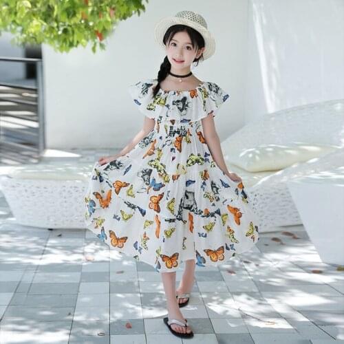 YourSeason New Girl 2021 New Loose Waist Butterfly Print Holiday Cotton Dress Children Teen Girl Bohemian Beach Dresses Summer