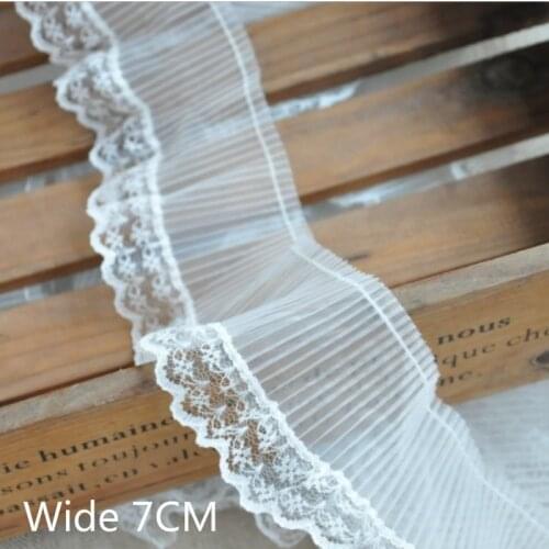 7cm Wide White Luxury Tulle Pleated Chiffon Lace Embroidery Trim Ribbon Appliques Wedding Garment Dress Guipure Fringe Decor