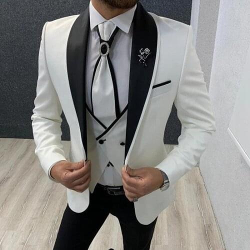 White Slim fit Wedding Tuxedo for Groom 3 Piece Men Suits Male Fashion Costume Jacket Waistcoat with Black Pants
