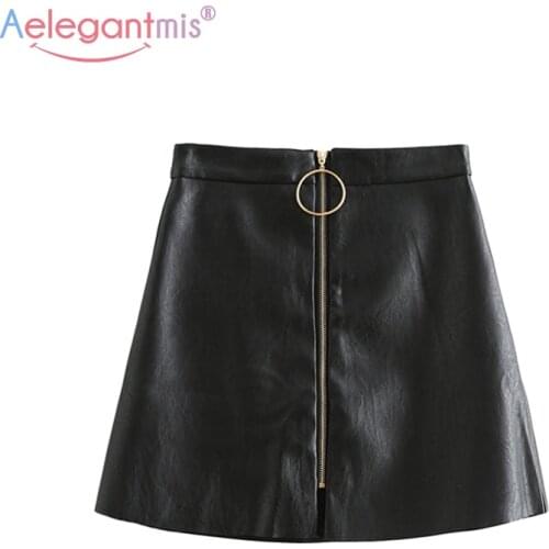 Aelegantmis Spring Summer Casual PU Leather Skirt Women Elegant Zipper Mini A-Line Skirt Lady Skinny High Waist Skirts Black