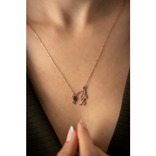 Womens Mother and Child Model Rose Plated Silver Italian Necklace 925 Sterling Pure Silver Chain Length, Great For Gift
