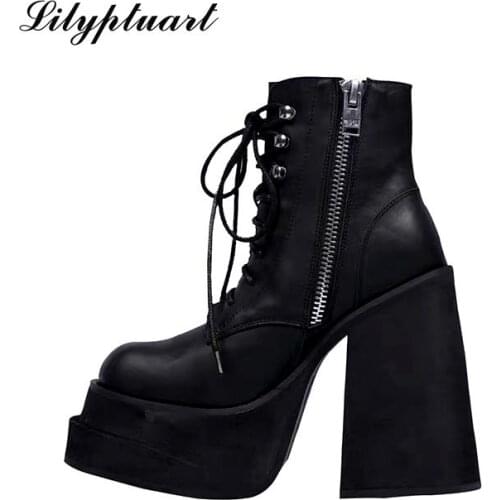European and American Fashion Round Toe Zipper Womens Shoes Super High Thick Heel Leather Ankle Boots Womens Platform Heels
