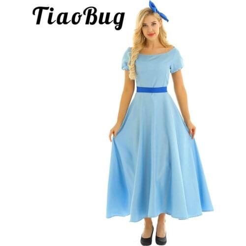 Women Adult Halloween Cosplay Costume Boat Neck Short Puff Sleeves Princess Party Fancy Maxi Dress with Head Accessory and Belt