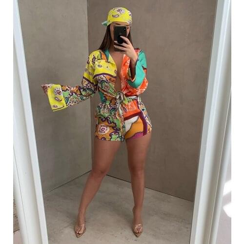 Womens Set Bandanna Paisley Print Tracksuit Long Sleeve Turn Down Collar Blouse Tops and Biker Short Hipster Autumn Clothing