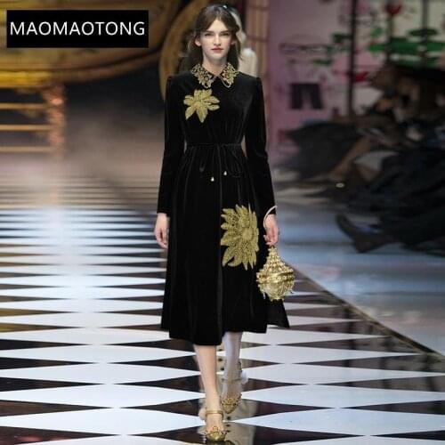 Fashion Dress Spring Autumn Women Dress Long sleeve Gold Line Embroidery Hot drilling Black lace-up Velvet Dresses