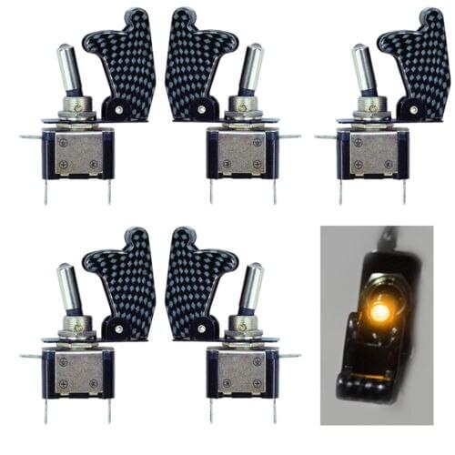 5Pack 12V Carbon Fiber Yellow blue green red white LED Rocker Toggle Switch SPST Control ON/OFF Car