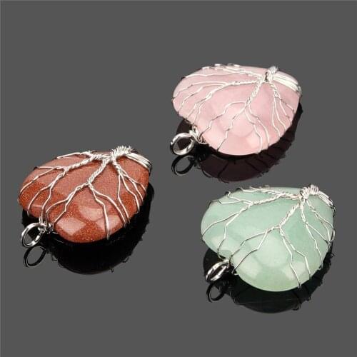 6pcs/lot Natural Stone pink Yellow tights amethysts golden life tree lucky heart shape pendant for Jewelry handmade