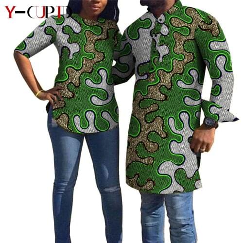 African Clothes for Couples Lover Women Half Sleeve Print Top Tee Matching Men Outfits Ankara Long T Shirts Bazin Riche YA21C004