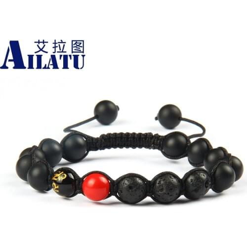 Ailatu OM MANI PADME HUM Macrame Bracelet New Religious Jewelry Natural Lava and Matte Onyx Stone Beads