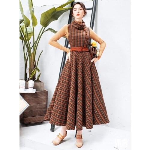 Free Shipping 2021 Boshow New Fashion Vintage Winter Woolen Turtleneck Vest One-piece Dresses Plaid A-line Dress With Belt S-XL