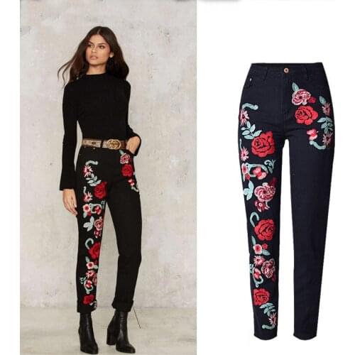 BringBring 2017 New Spring 3D Embroidery Roses Jeans Women Loose Black Causal Denim Pants for Woman Winter Jean 1825