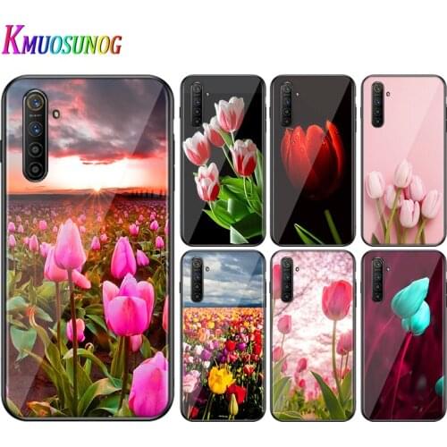 For OPPO A5 A9 2020 F7 Phone Cover Shell Tulips Flower Spring for OPPO Reno 2 Z 2Z 2F 3 4 Pro 5G Bright Black Phone Case