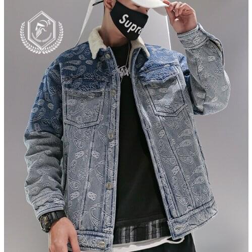 Men Fashion Loose Embroidery Fleece Heavyweight Denim Jacket Casual Pockets Hip Hop Parkas Coat