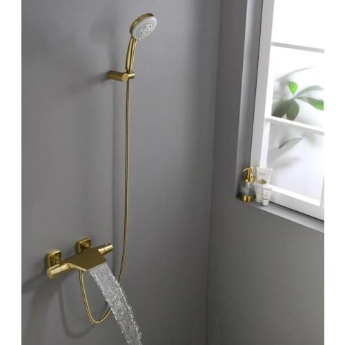 Bathtub Shower Faucet Set Brass Bathroom Waterfall Shower Mixer Tap With Handheld Hot & Cold Brushed Gold Constant temperature