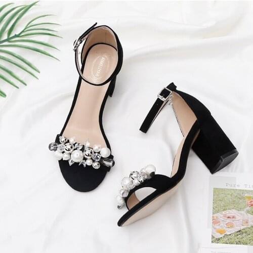 Neutral black medium low heel womens shoes with modern pearl ball crystal leisure commuting womens sandals
