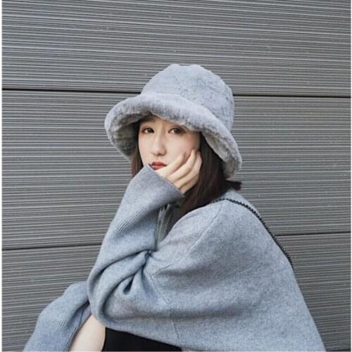 New Autumn And Winter Plush Basin Hat With Flat Top For Women Solid Color And Thick Thermal Fisherman Hat Japanese Matching Plu