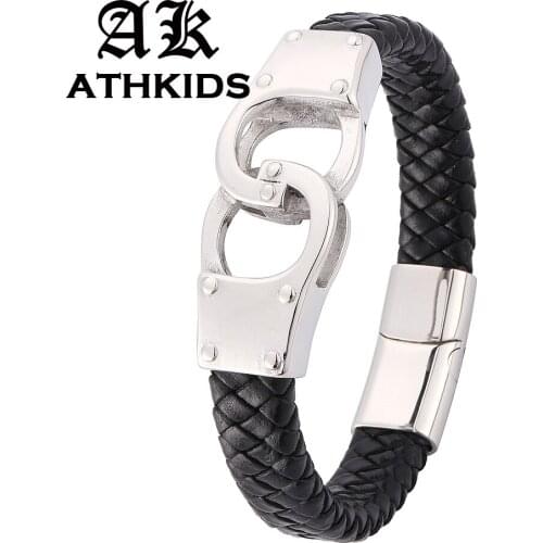 2019 New Fashion Freedom Handcuffs Braided Leather Bracelets for Men Black Brown Punk Charm Bracelets Man Christmas Gift PD0321H