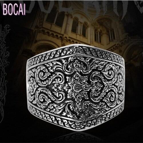 New 925 silver vintage carved individual Thai silver ring classical mens female ring wide-faced silver ring for Man and Woman