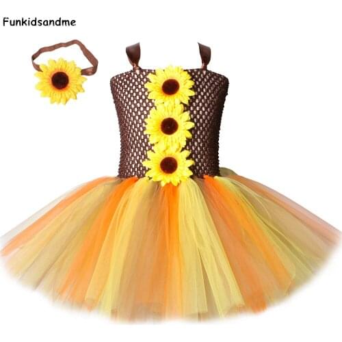 Sunflower Girls Tutu Dress with Headband Kids Fall Woodland Fairy Dress Costume for Girls Halloween Thanksgiving Party Dresses