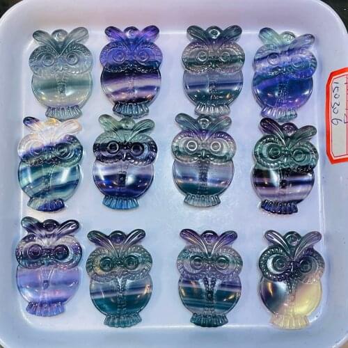 Natural Colorful Fluorite Crystal Quartz Hand Carved Owl Gemstones For Gift Decor